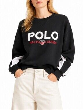 Vintage Inspired Polo Ralph Lauren Dolman Sleeve Crewneck Sweatshirt In Black
